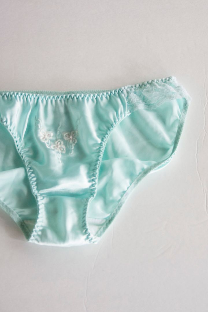 Vtg Aqua Wet Look Satin Floral Embroidered Lace String Bikini Panties
